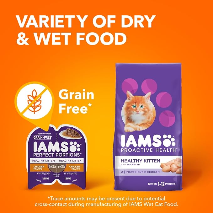IAMS Perfect Portions Healthy Kitten Grain Free Wet Cat Food, Cat Food Wet Cuts in Gravy Chicken Recipe, (24) 2.6 oz. Twin-Pack Trays