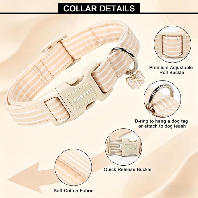 ARING PET Stripe Dog Collar, Cute Spring Summer Khaki Stripe Pet Collars with Bow Charm for Puppy Small Medium Large Boy Girl Dogs, for Daily Outdoor Walking Beach Stroll-L