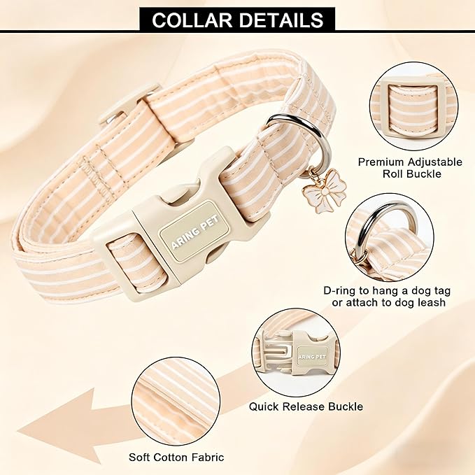 ARING PET Stripe Dog Collar, Cute Spring Summer Khaki Stripe Pet Collars with Bow Charm for Puppy Small Medium Large Boy Girl Dogs, for Daily Outdoor Walking Beach Stroll-M