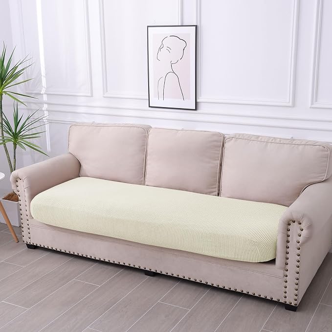 hyha Waterproof Couch Cushion Covers for Pets, Non Slip Sofa Cover for Dogs Washable, Soft Thick Stretch Jacquard Fabric, Sofa Slipcovers with Elastic Bottom (1 Piece for Large, Cream White)