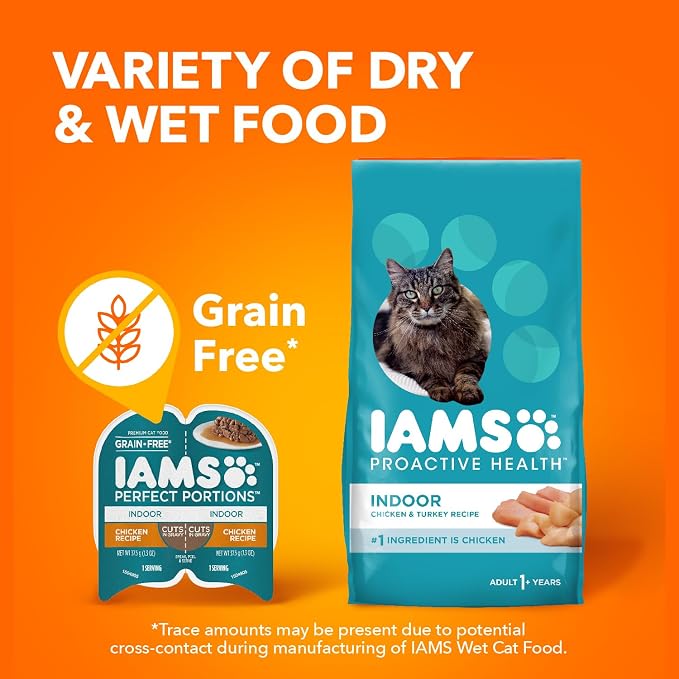IAMS Perfect Portions Grain Free Wet Cat Food, Indoor Adult Cat Food Wet Cuts in Gravy, Chicken Recipe, (24) 2.6 oz. Twin-Pack Trays