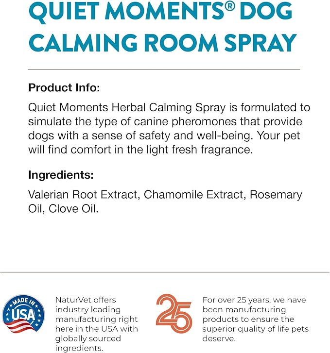 NaturVet Quiet Moments Herbal Calming Room Spray Dog Supplement - Ideal for Cars, Dog Crates, New Environments - Helps Reduce Pet Stress, Storm Anxiety, Motion Sickness - 8 Oz.