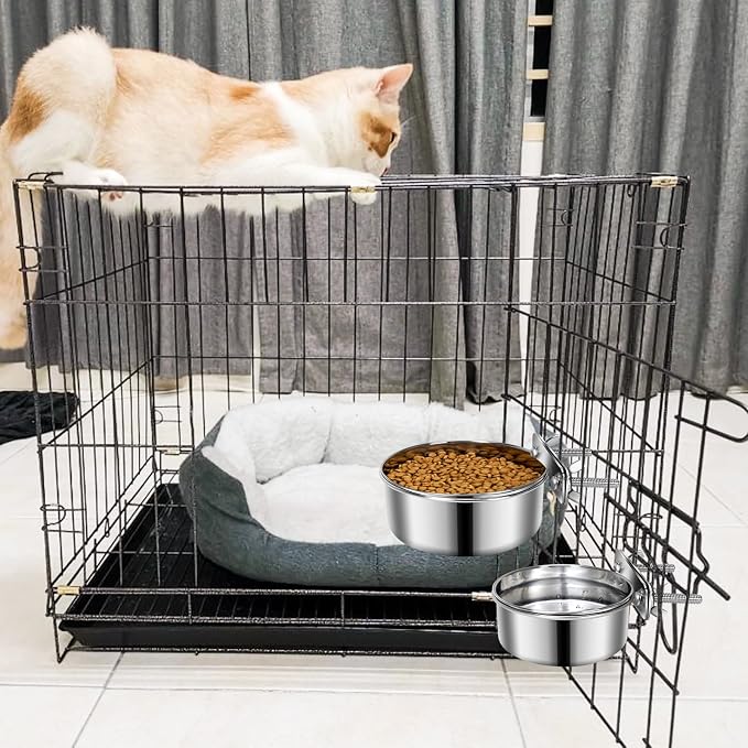 2 Pcs Small Pet Dog Food Water Bowl for Cage Stainless Steel Non-Spill Kennel Hanging Cats Pets Bowls with Clamp Holder Crate Feeder Dish for Small Dogs Pets (4.7x1.9'' & 3.9x1.7'')