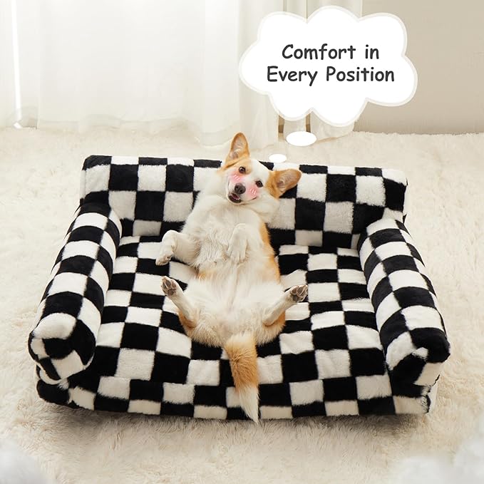 BFPETHOME Large Dog Couch Bed, Cute Pet Sofa with Non-Slip Bottom, Checkered Dog Bed with Washable Cover, XL Pet Couch (Black&White)