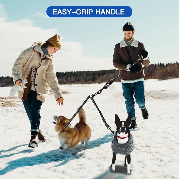 MingXpets Double Dog Leash, Dual Dog Leash, 360° Swivel Tangle Free Bungee Walking Training for Large Medium Dogs, Shock Absorbing Bungee Reflective for Two Dogs, 18~120 lbs, Black