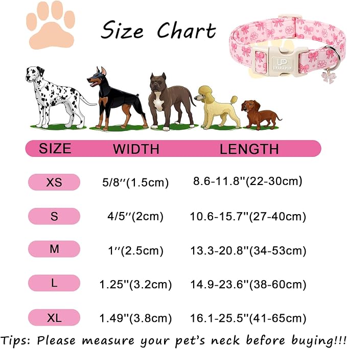 Pink Bow Dog Collar, Summer Cotton Adjustable Pink Bow and Flower Pattern Collar with Cute Pendant, Soft Comfortable Puppy Collar for Small Medium Large Dogs Girls