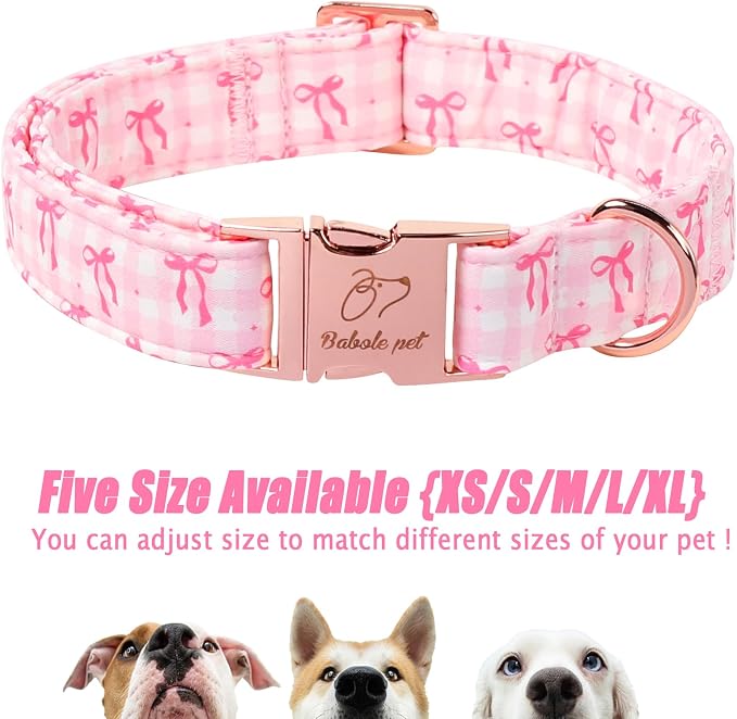 Girl Dog Collar, Sweetheart Girly Pink Bow Dog Collars, Adjustable Heavy Duty Spring/Summer Female Dogs Collar for Small Medium Large Dogs with Metal Buckle S