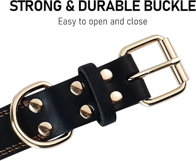 Genuine Leather Dog Collar, Heavy Duty Wide Dog Collar for Small, Medium, Large and Extra Large Dog (XL: 1.4" Wide for 18.6"-25.8" Neck, Dual Stitch - Black)