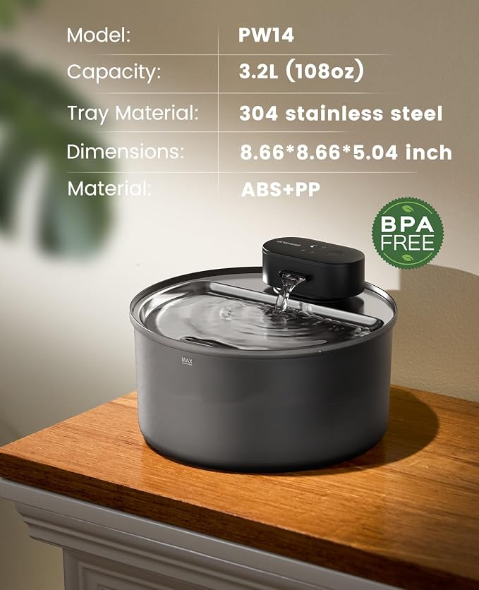oneisall Cordless Cat Water Fountain: 108oz/3.2L Stainless Steel Cat Water Fountain with Quiet Wireless SilentFlowโข Pump for Cat Small Dog,Rechargeable BPA-Free Water Dispenser for Living Room Kitchen