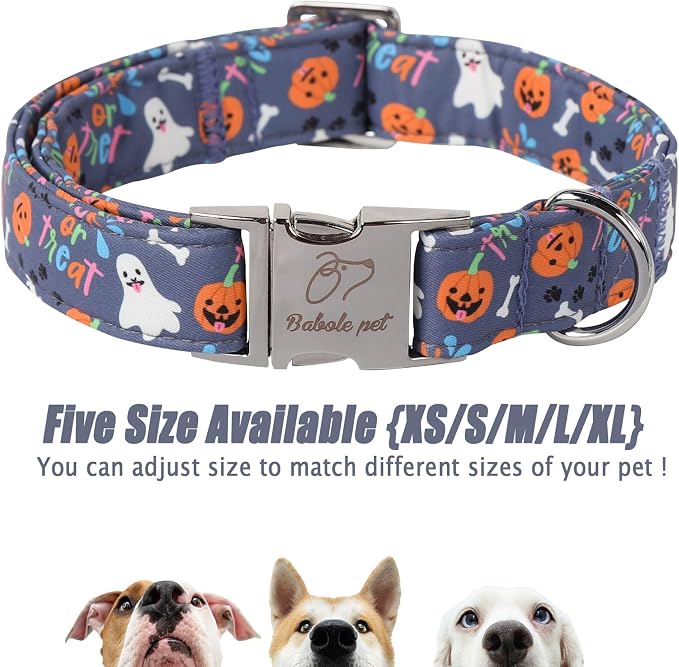 Halloween Dog Collar for Medium Dogs - Cute Halloween Ghost Pumpkin Dog Collars, Adjustable Heavy Duty Pet Holiday Collar with Metal Buckle M