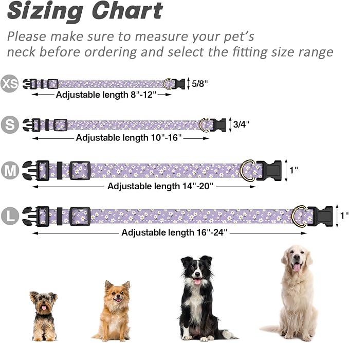 Reflective Dog Collar for Extra Small Dogs, Cute Flower Theme Adjustable Heavy-Duty Nylon Puppy Collar for Boy and Girl Female, Soft Pet Accessories with Quick Release Buckle, Purple White