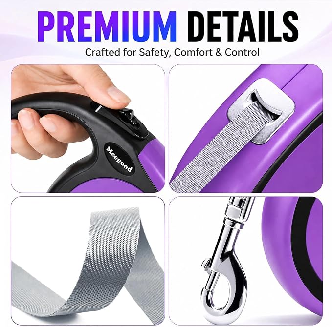 Double Retractable Dog Leash for Two Dogs Up to 50 lbs - 16 ft Coupler Leashes for Small Medium Dogs - One Locked System, Non Slip Grip, Tangle Free (Purple)