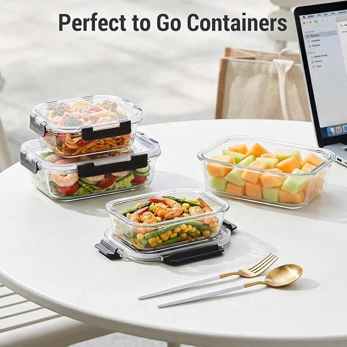 Dealusy 10 Sets (20-Piece) 4.5 Cup & 1.5 Cup Glass Food Storage Containers with lids, Airtight Leak-proof Glass Meal Prep Containers with Lids, Microwave Oven Freezer Dishwasher Safe, Black