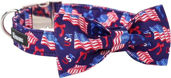 Maca Bates American Flag 4th of July Dog Collar with Bow Tie for Dogs Bowtie 4 of 7 Flags Blue Adjustable Durable Patriotic Collars USA Independence Day Gift for Small Medium Large XL Boy Girl Puppy