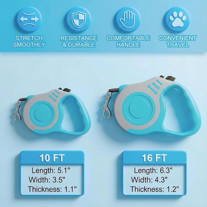 Retractable Dog Leash Lightweight 10/16FT Leash with Non-Slip Handle, for Small Medium Dogs (Gray Blue, 16FT)
