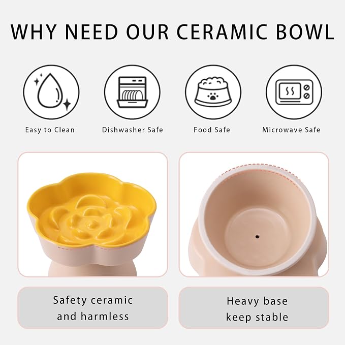 Tilted Cat Bowl, Flower-Shaped Ceramic Slow Feeder Cat Bowl, Raised Pet Bowl for Whisker Relief, Prevents Vomiting & Bloating, Non-Slip Base, Easy to Clean for Dry/Wet Food (Pink & Blue)