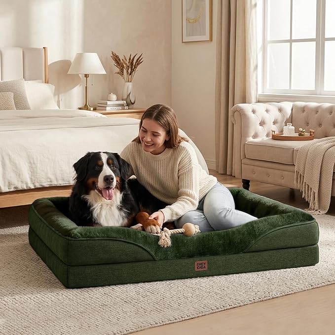 EHEYCIGA Orthopedic Dog Bed for Large Sized Dog, 41x27 Inch Large Memory Foam Dog Couch Bed with Sides, Waterproof Liner & Washable Removable Cover, Bolster Pet Sofa, Dark Green