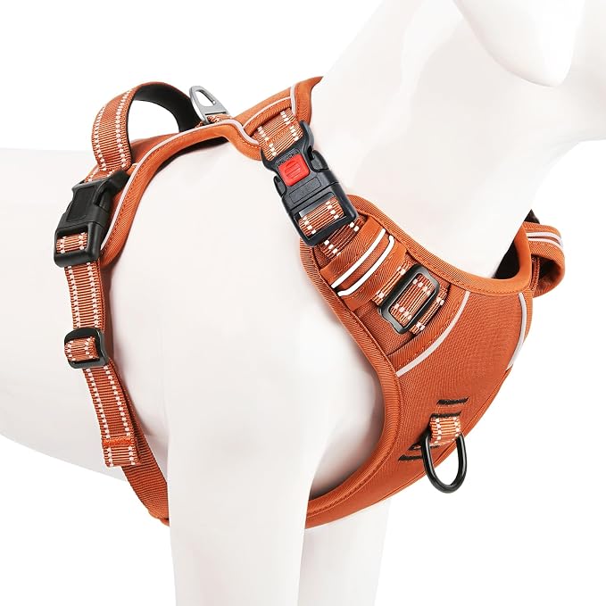 Timos Dog Harness Small Sized, No Pull Pet Harness with Neck Lockable Snap, No Choke Front Clip Reflective Vest, Adjustable Metal Rings 3 Buckles, Easy Control Handle for Small Dogs Pumpkin Orange S