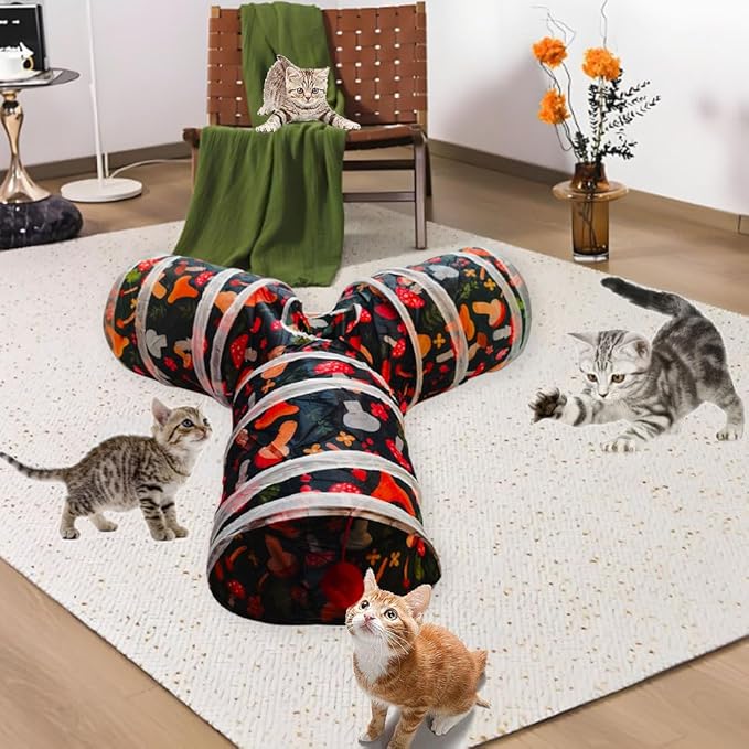 Cat Tunnel Tube Toys,Tunnels for Indoor Cats, Collapsible Interactive Toy with Balls for Rabbits, Kittens, Ferrets, Puppy (Mushroom)