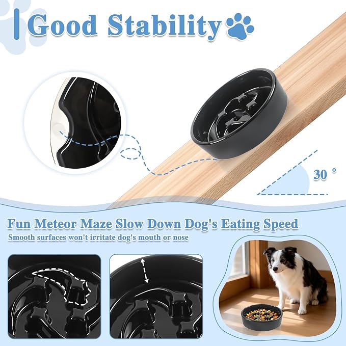 Ceramic Slow Feeder Dog Bowls, 1 Cups Dog Food Dish for Small and Medium Breed, Puzzle Dog Food Bowl for Fast Eater, 15OZ, 6.3 inch(Black)