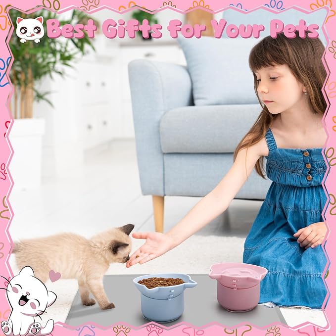 2 Pack Slow Feeder Cat Bowls Silicone Tilted Raised Pet Bowl with Non Slip Base for Digestion Anti Vomit, Pink, Blue