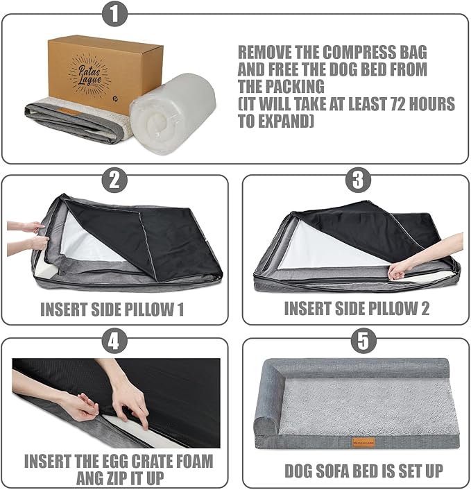 Patas Lague Orthopedic Jumbo Dog Bed for Extra Large Dogs 56''X40'', Waterproof L Bolster Jumbo Pet Sofa Beds with Removable Washable Cover, Soft Pet Couch Crate Mat with Nonskid Bottom, Black