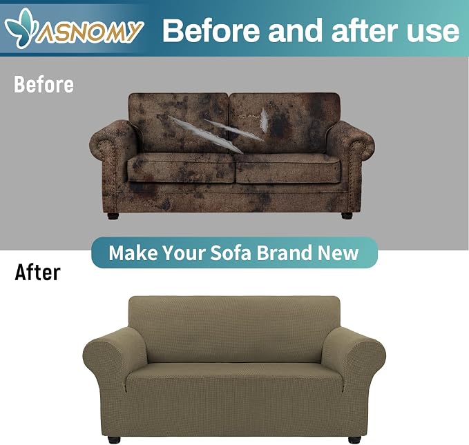 Asnomy Sofa Covers for 2 Cushion Couch Stretch loveseat Covers Slipcovers, Pet Protector Furniture Covers for Dogs Cats Spandex Jacquard Fabric Small Checks (Medium,Khaki)