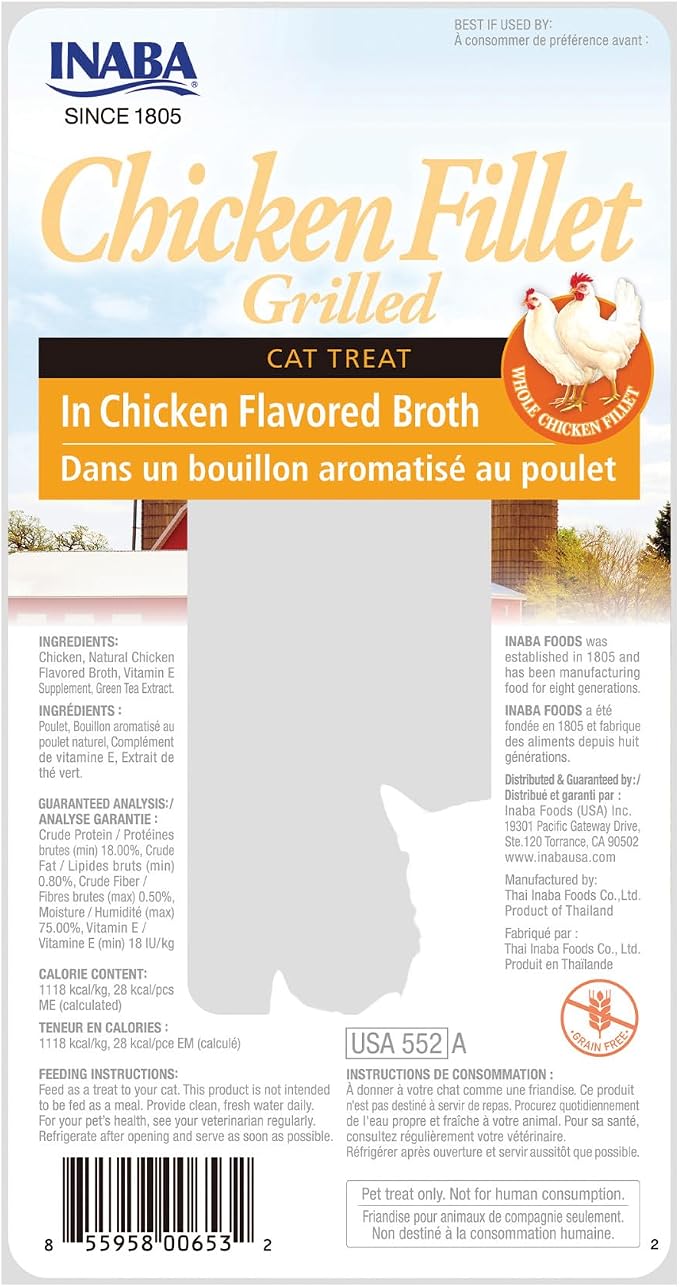 INABA Premium Hand-Cut Grilled Chicken Fillet Cat Treats/Topper with Vitamin E and Green Tea Extract, 0.9 Ounces Each, Pack of 6, Chicken Broth