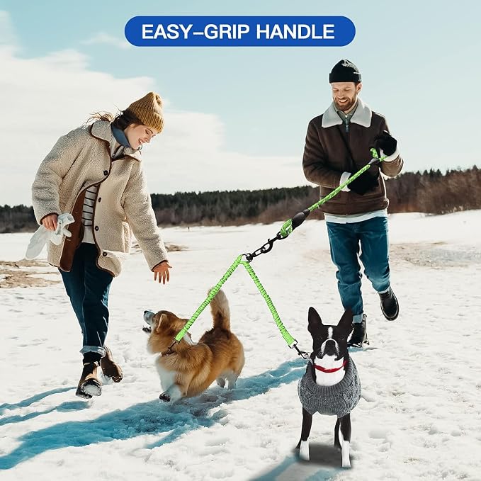 MingXpets Double Dog Leash - 360 Swivel, Tangle-Free Bungee Walking & Training Leash for Large & Medium Dogs, Shock Absorbing, Reflective, 18-120 lbs, Green