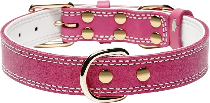 Dog Collar,Genuine Leather Heavy Duty Dog Collar for Small, Medium,Large and Extra Large Dogs (L: 1.2" Wide for 16.2"-22" Neck,Dual Stitch - Pink)