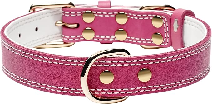 Genuine Leather Dog Collar, Heavy Duty Wide Dog Collar for Small, Medium, Large and Extra Large Dog (XL: 1.4" Wide for 18.6"-25.8" Neck, Dual Stitch - Pink)