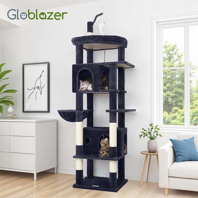 Globlazer 74in Cat Tree for Indoor Cats Large Adult, Heavy Duty Cat Tower with 5 Sisal Scratching Posts, 2 Caves, Oversized Top Perch, Hanging Basket, F74B, Dark Grey