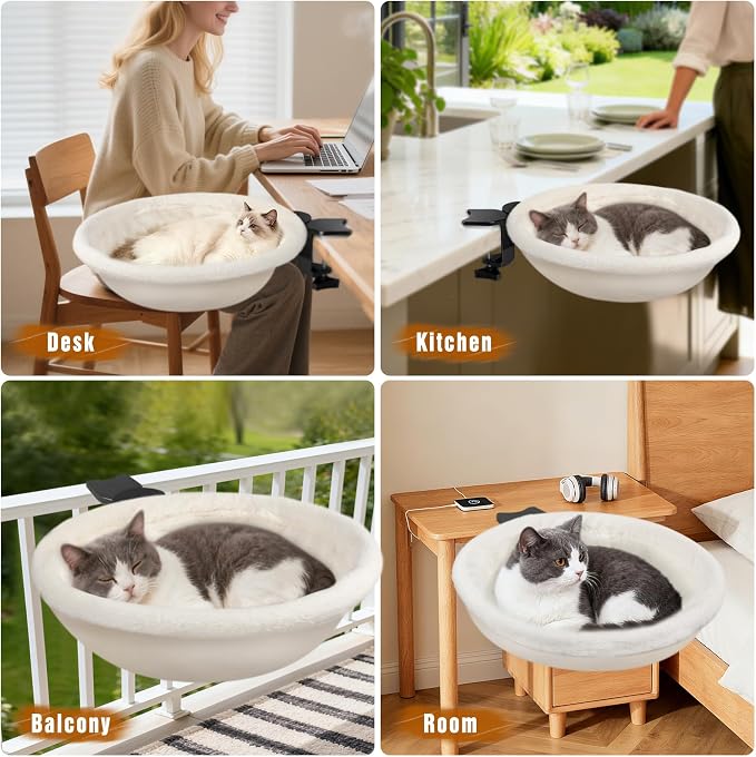 IPOW Heavy Duty Steel Frame 180° Rotating Cat Desk Bed Semi-Circular Cat Bed, Soft Faux Rabbit Fur Material, Suitable for Various Desktops-Maximum Hold Up to 40lb