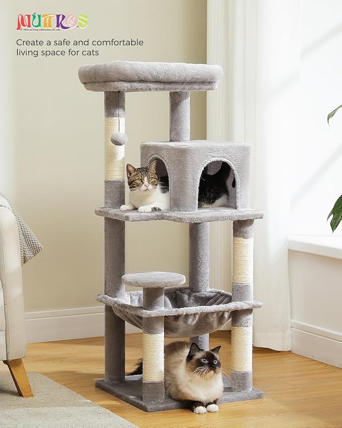 MUTTROS Cat Tree for Indoor Cats, 45.7" Multi-Level Cat Tower with Large Metal Frame Hammock, Cat Condo with 4 Scratching Posts and Top Perch for Small Medium Kitty, Grey