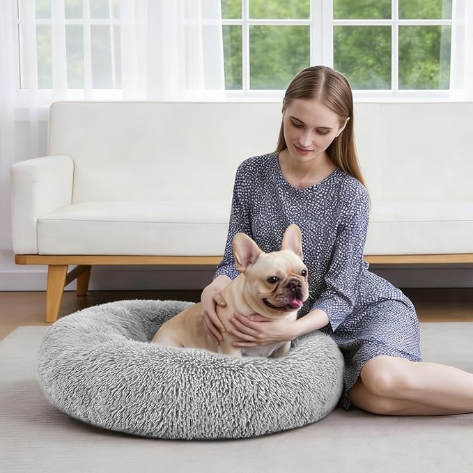 MIXJOY Calming Cat Beds for Indoor Cats, 20'' Kitten Donut Bed for Pet Up to 15lbs, Fluffy Small Cat Cuddler Bed, Anti-Anxiety Plush Faux Fur Large Cat Bed Washable (20'', Grey)