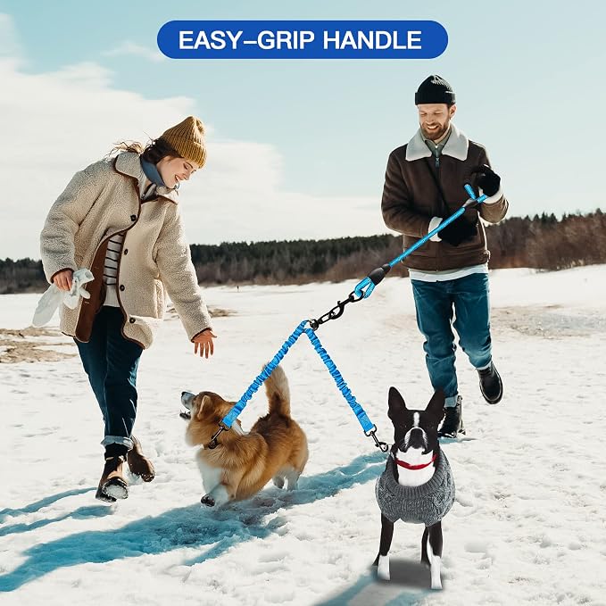 MingXpets Double Dog Leash, Dual Dog Leash, 360° Swivel Tangle Free Bungee Walking Training for Large Medium Dogs, Shock Absorbing Bungee Reflective for Two Dogs, 18~120 lbs, Blue