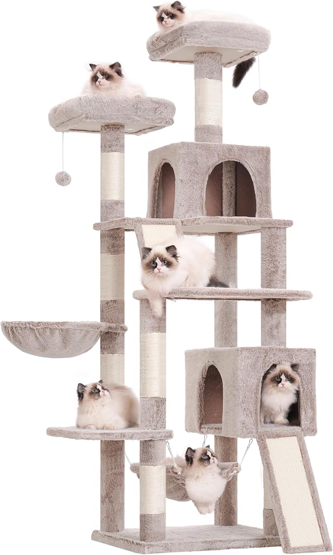 Gitelsnour Cat Tree for Indoor Cats, 71'' (180cm) Multi-Level Cat Tower for Large Adult, Sturdy Cat Tree House with 2 Scratching Boards 7 Posts, 2 Plush Perches/Condos, Hammock, Muchroom GCT032MU