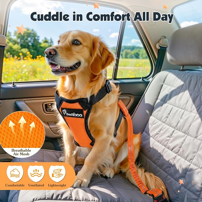 Pawaboo Dog Seat Belt Harness for Car, Dog Car Harness Seatbelt with Double Clips, Adjustable Breathable Pet Vest & Dogs Safety Tether with Elastic Bungee for Small Medium Large Pet, L, Orange/Black