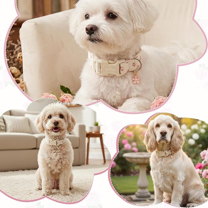 Floral Dog Collar, Spring Summer Pink Flower Pet Collar, Cute Cotton Puppy Collar with Adjustable Buckle, Girl Female Dog Collars for Small Medium Large Dogs-S