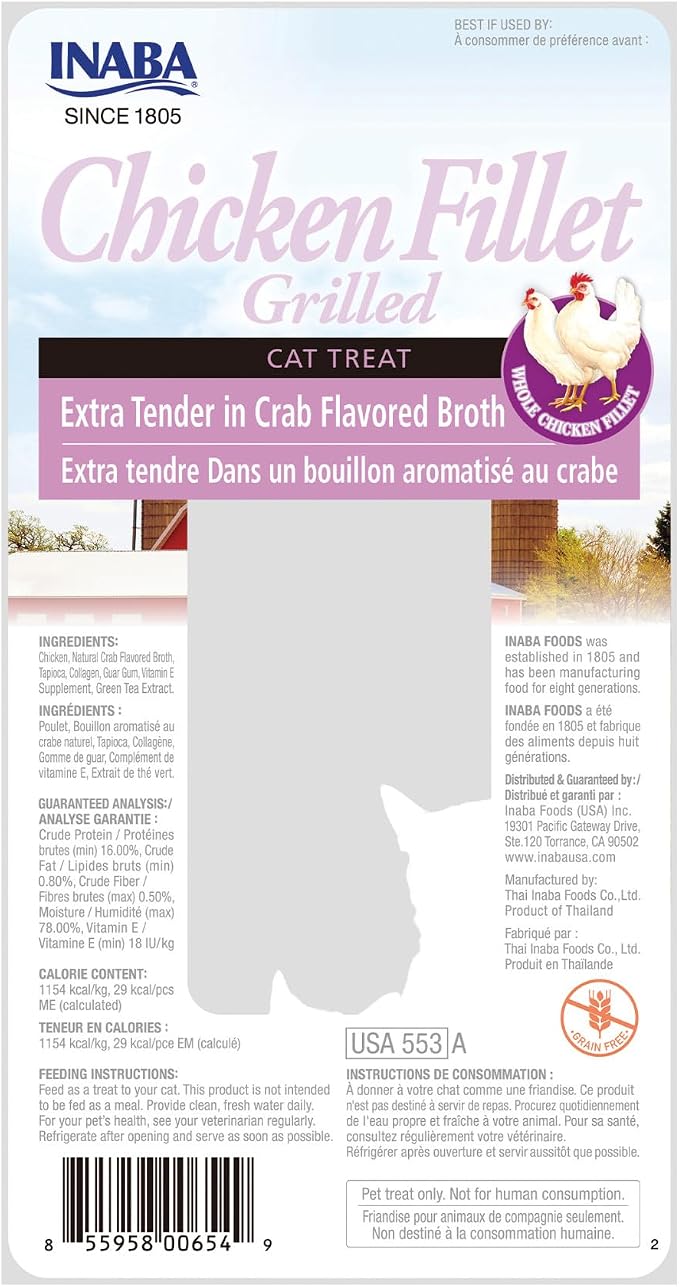 INABA Premium Hand-Cut Grilled Chicken Fillet Cat Treats/Topper with Vitamin E and Green Tea Extract, 0.9 Ounces Each, Pack of 6, Extra Tender Crab Broth