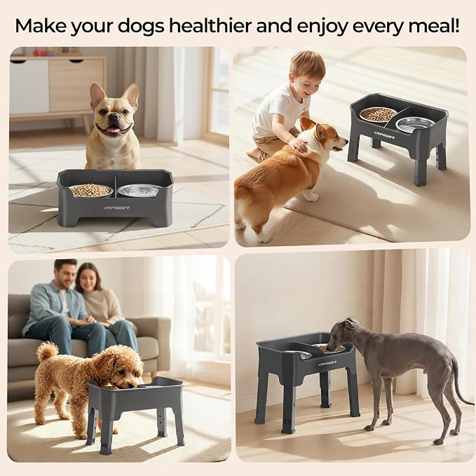 URPOWER Mess Proof Elevated Dog Bowls 4 Height Adjustable Raised Bowl Stand with 2 Stainless Steel Dog Bowls Non-Slip Food and Water Bowl Set for Small Dogs, Grey