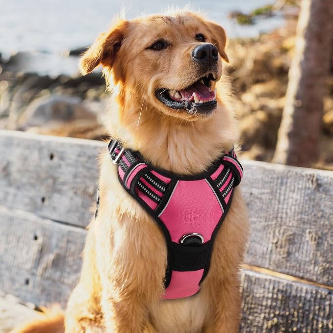 rabbitgoo Dog Harness for Large Dogs, 3 Buckles Easy On & Off No Pull Pet Vest, Soft Padded Walking Pet Harness with Control Handle, Adjustable and Reflective, Pink, XL