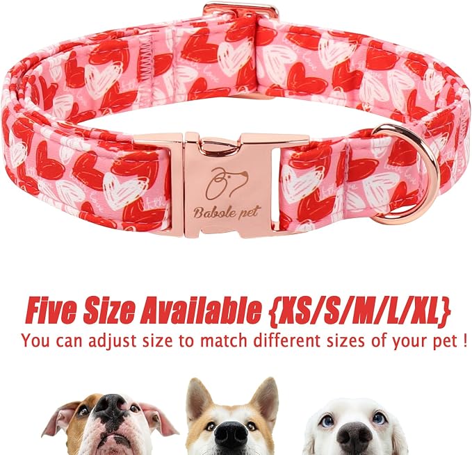 Valentines Dog Collar, Cute Pink Valentine Dog Collars, Doodle Heart Pattern, Adjustable Heavy Duty Pet Collar for Small Medium Large Dogs with Metal Buckle L
