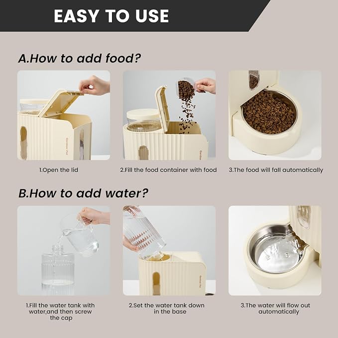Gardner Pet Gravity Automatic 2-in-1 Pet Feeder, 0.8 Gallons*2 Cat Feeder and Water Dispenser Set, 100% BPA-Free Feeder and Stainless Steel Water Dispenser for Dogs, Cats, Rabbits, Puppies (Beige)