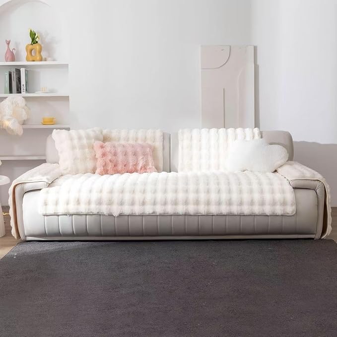 Faux Fur Couch Cover, Soft Warm Plush Sofa Couch Cover, Non Slip Sectional Sofa Slipcovers for L Shaped, Washable Furniture Protector for Kids, Dogs(White, 36"x 94")