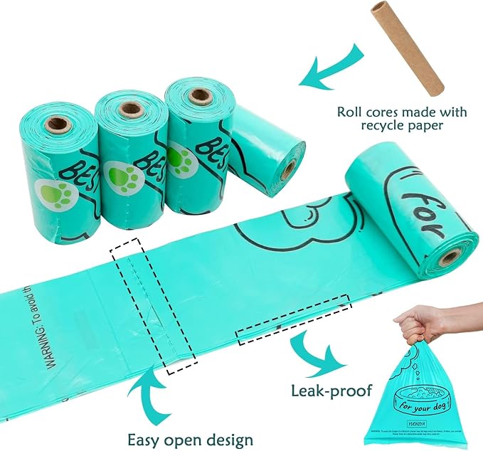 Dog Poop Bag Holder with LED Flashlight for Night Walks,Silicone Tether & Panda Pattern Clip for Used Bags, Hands-Free Metal Leash Carabiner, Includes 15 Scented Waste Bags (Crystal Blue)
