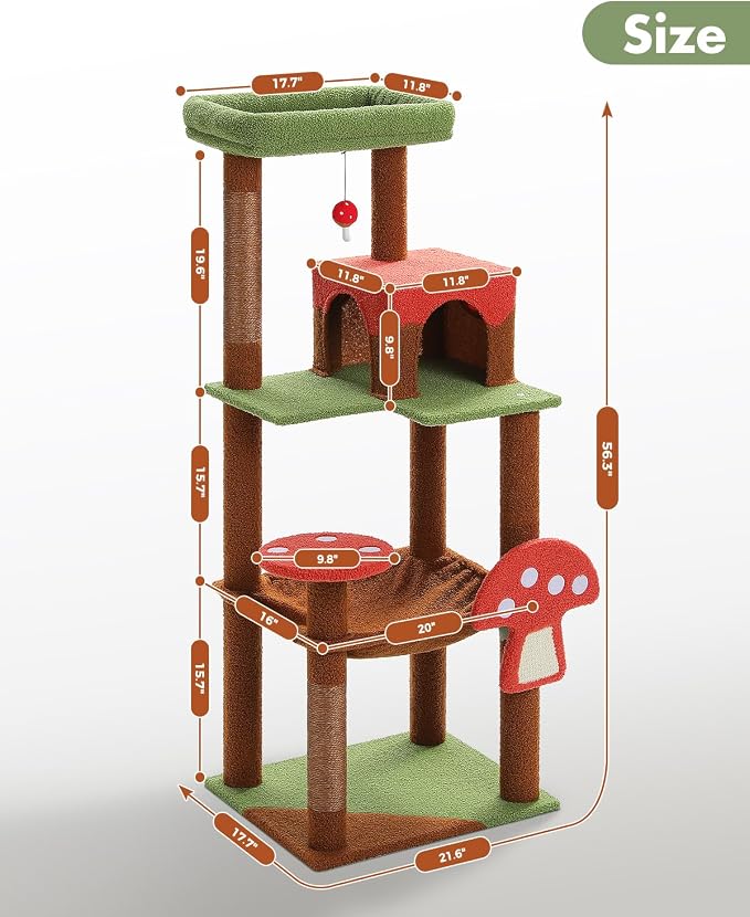 MUTTROS Mushroom Cat Tree Tower with Removable Scratcher, Large Hammock, Condo, Perch, 3 Sisal Posts – Multi-Level Cat Tree for Indoor Cats, Cute Cat Tower for Small Space Homes
