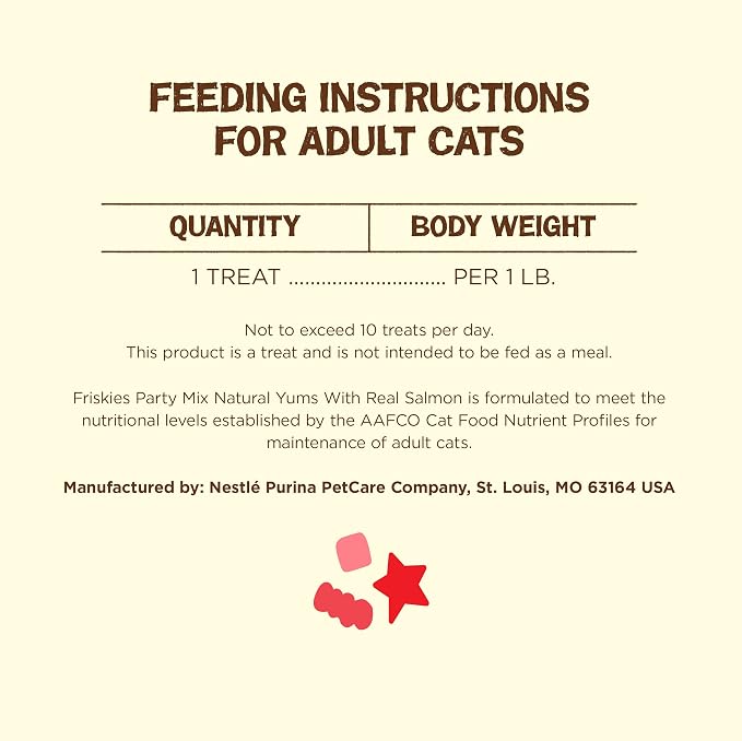Purina Friskies Natural Cat Treats, Party Mix Natural Yums With Real Salmon and Vitamins, Minerals & Nutrients - (Pack of 10) 2.1 Oz. Pouches