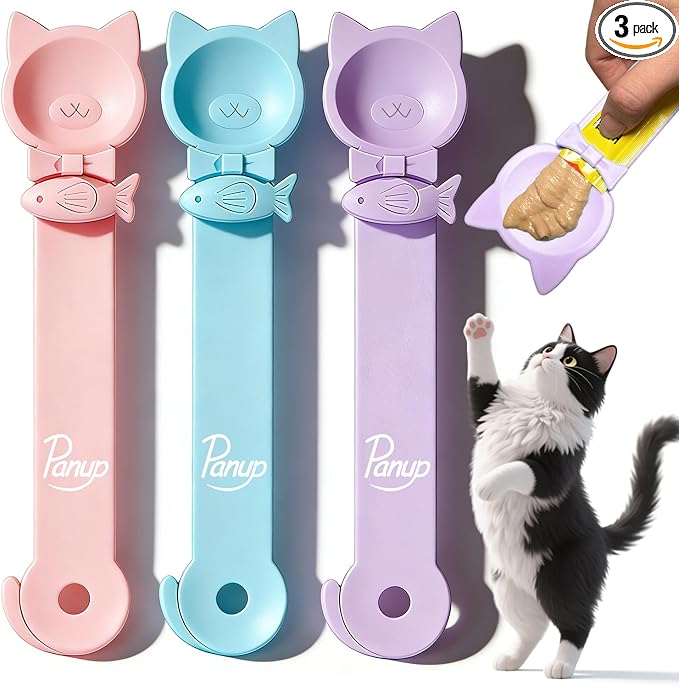3 Pack Lickable Cat Treat Spoons - Cat Strip Feeder & Squeeze Dispenser, Protective Cats Squeeze Treat Spoon for Liquid Puree & Wet Food, Easy to Clean Pet Food Spoon (Cat Smile Style)
