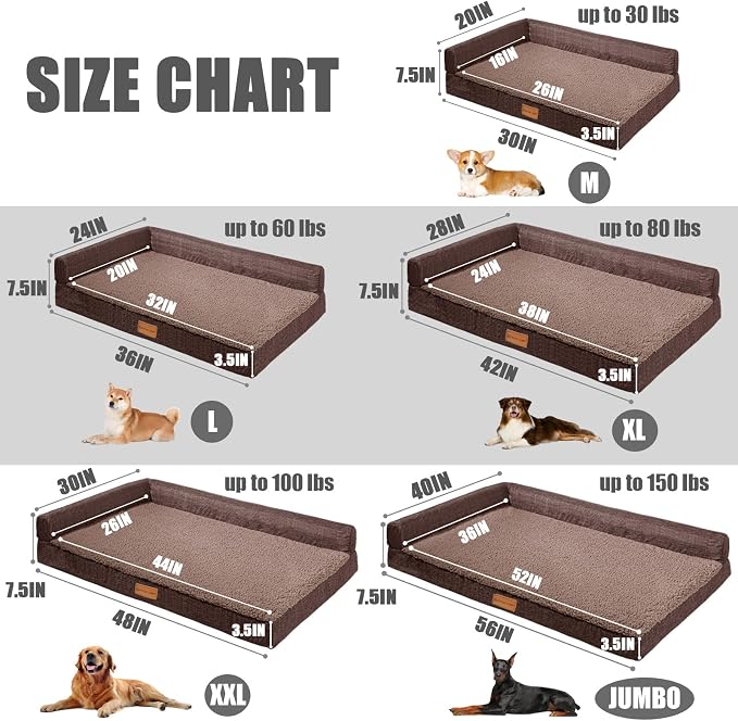 Patas Lague Orthopedic Dog Bed Large Sized Dog 36''X24'', Waterproof L Bolster Medium Pet Sofa Beds with Removable Washable Cover, Soft Pet Couch Crate Mat with Nonskid Bottom, Brown